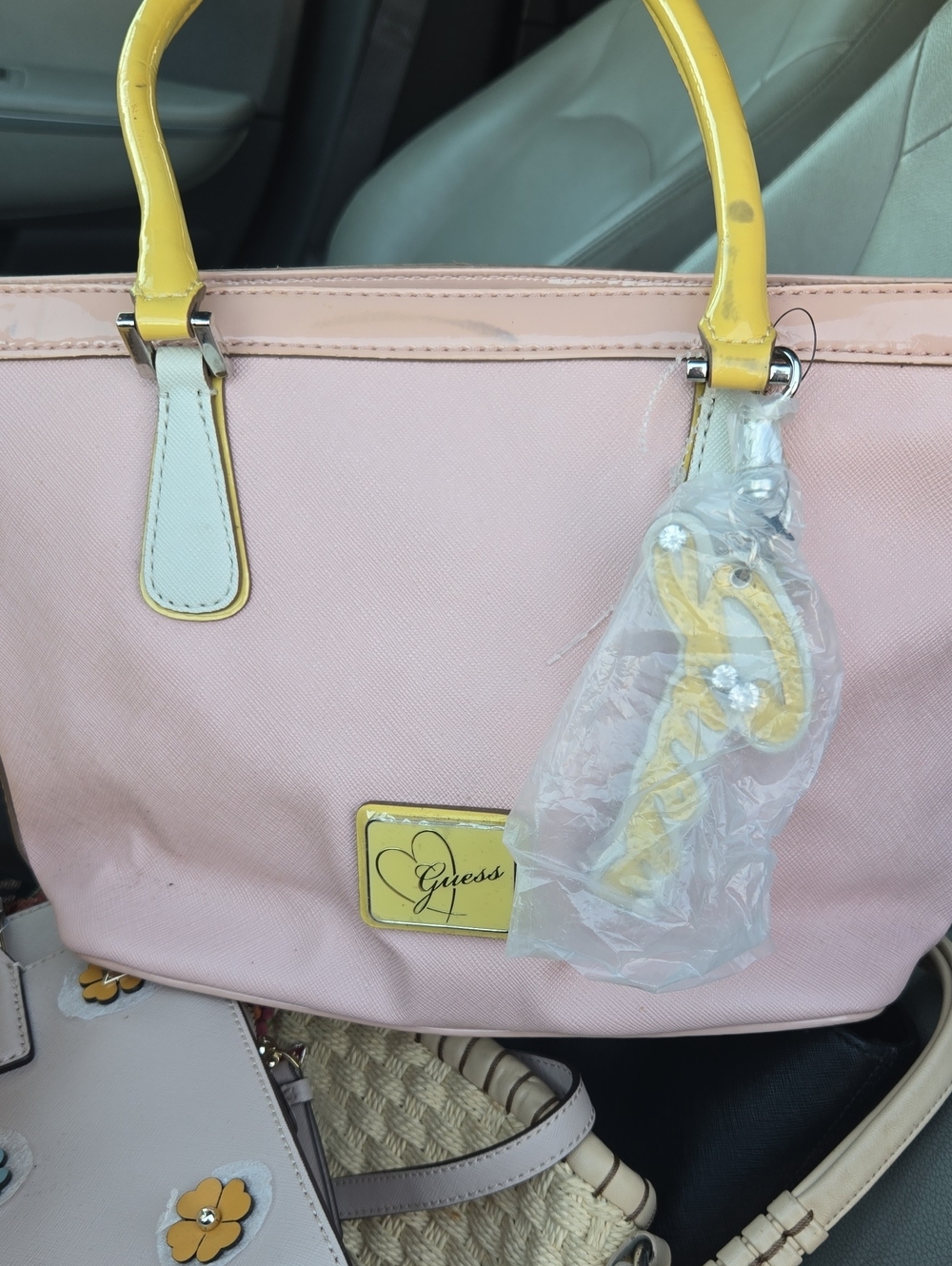 Guess Pink Tote with Yellow Handles & Accent Charm